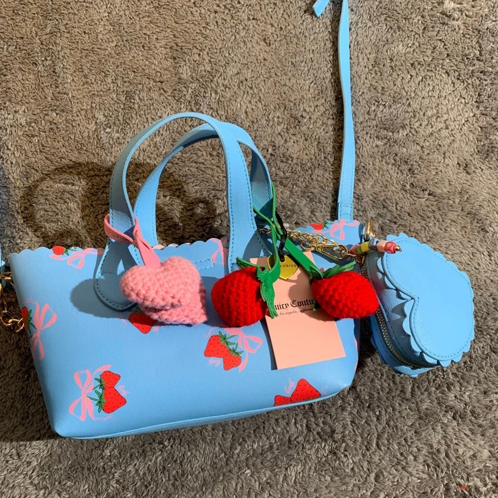Juicy Couture Strawberry Bow Satchel Blue Crossbody Bag with Coin Purse New